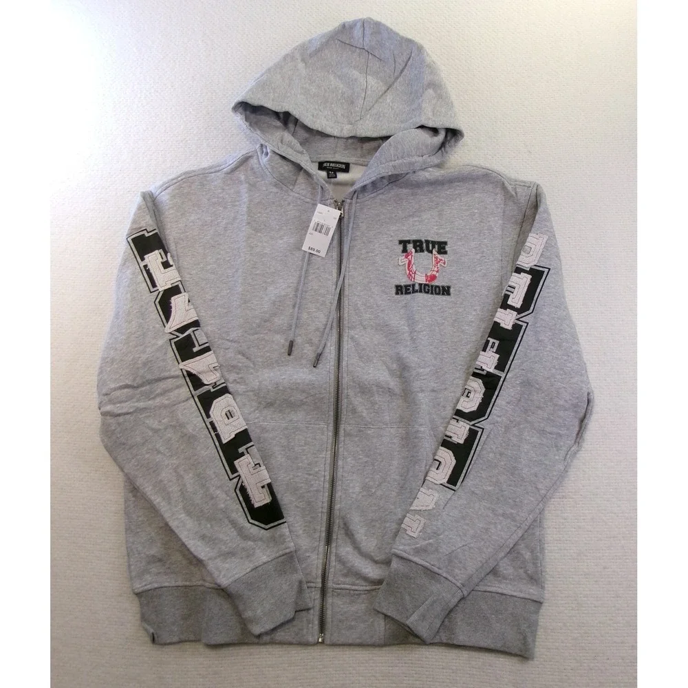 True Religion Mens‎ Large Zip Up Hoodie Gray Terry Applique Horseshoe Logo